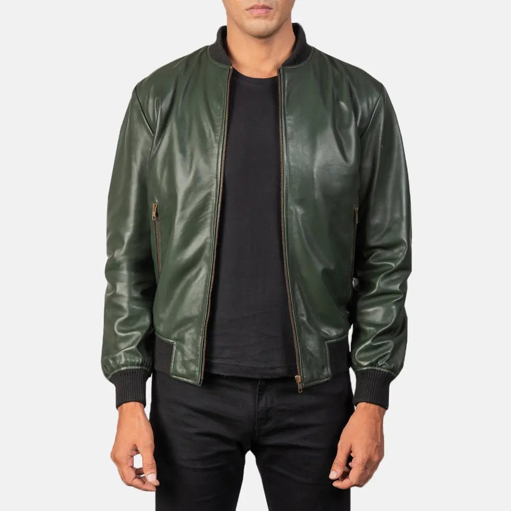 Men's Shane Green Leather Bomber Jacket, Stylish Classic Bomber Outerwear