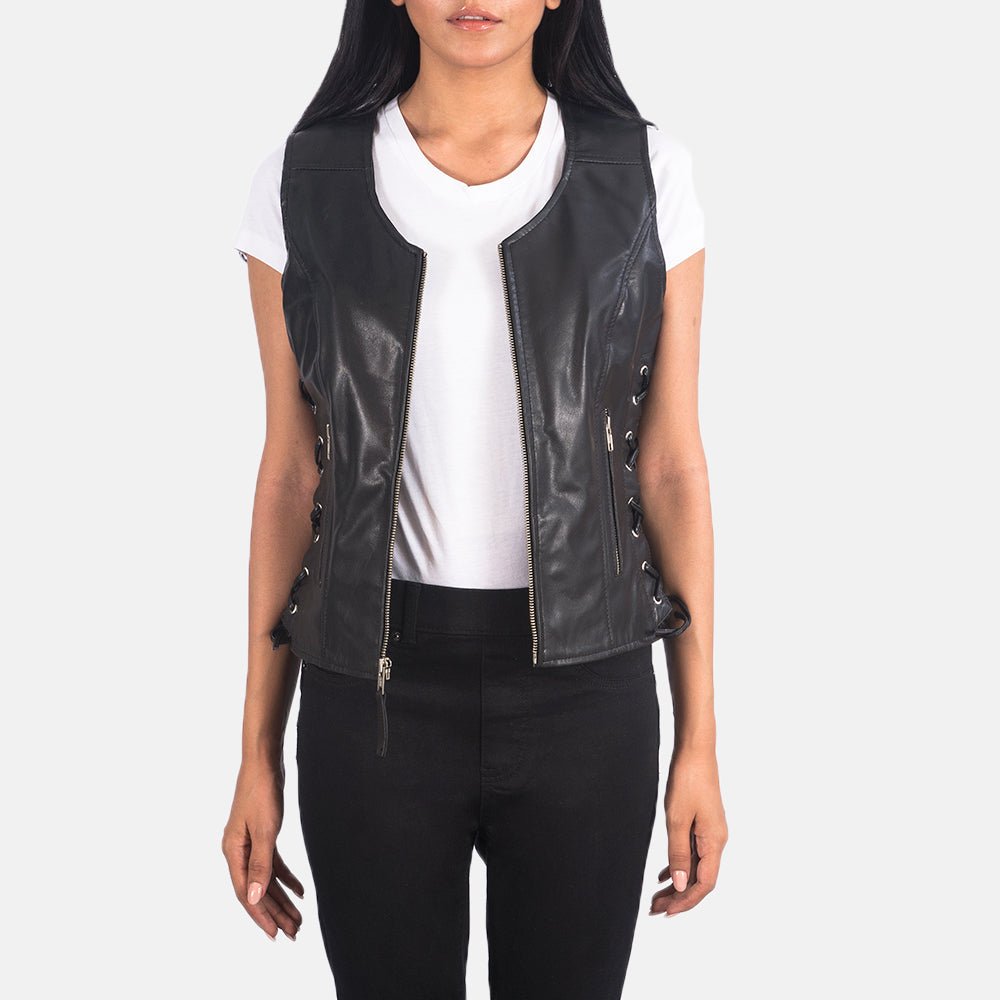 Vanda Black Leather Biker Vest, Classic Motorcycle Waistcoat, Sleeveless Moto Fashion - Image 5