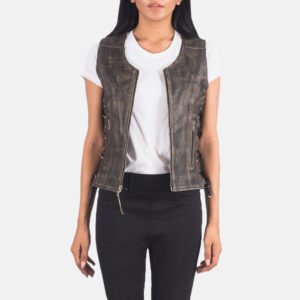 Vanda Distressed Brown Leather Biker Vest, Vintage Moto Waistcoat, Sleeveless Motorcycle Style