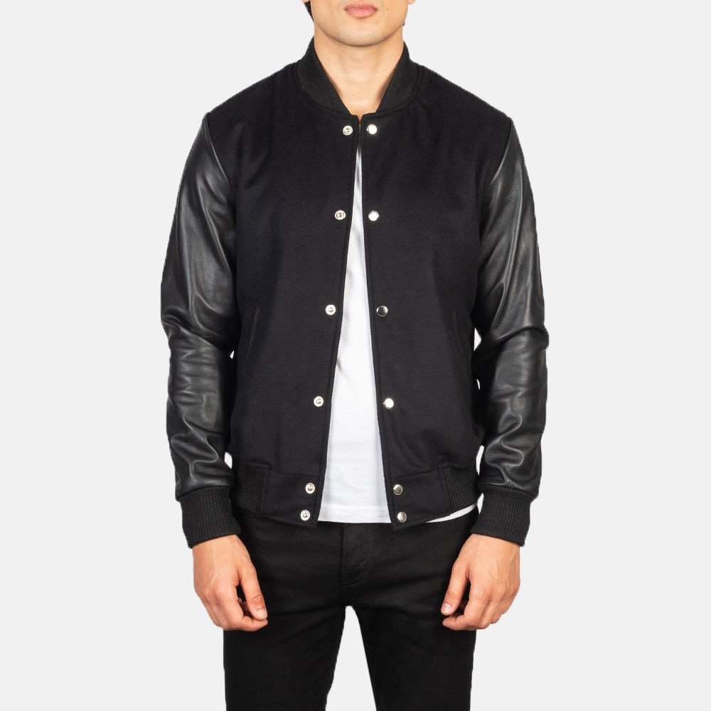 Vaxton Black Hybrid Varsity Jacket for Men, Classic Letterman Jacket, Stylish Bomber Coat, Casual Streetwear Outerwear