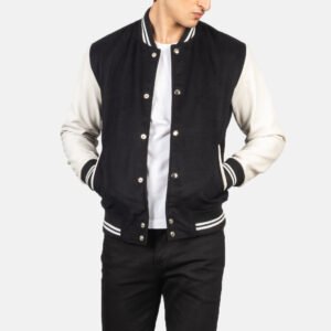 Vaxton Black & White Hybrid Varsity Jacket for Men, Classic Letterman Jacket, Two Tone Bomber Coat, Stylish Streetwear Outerwear