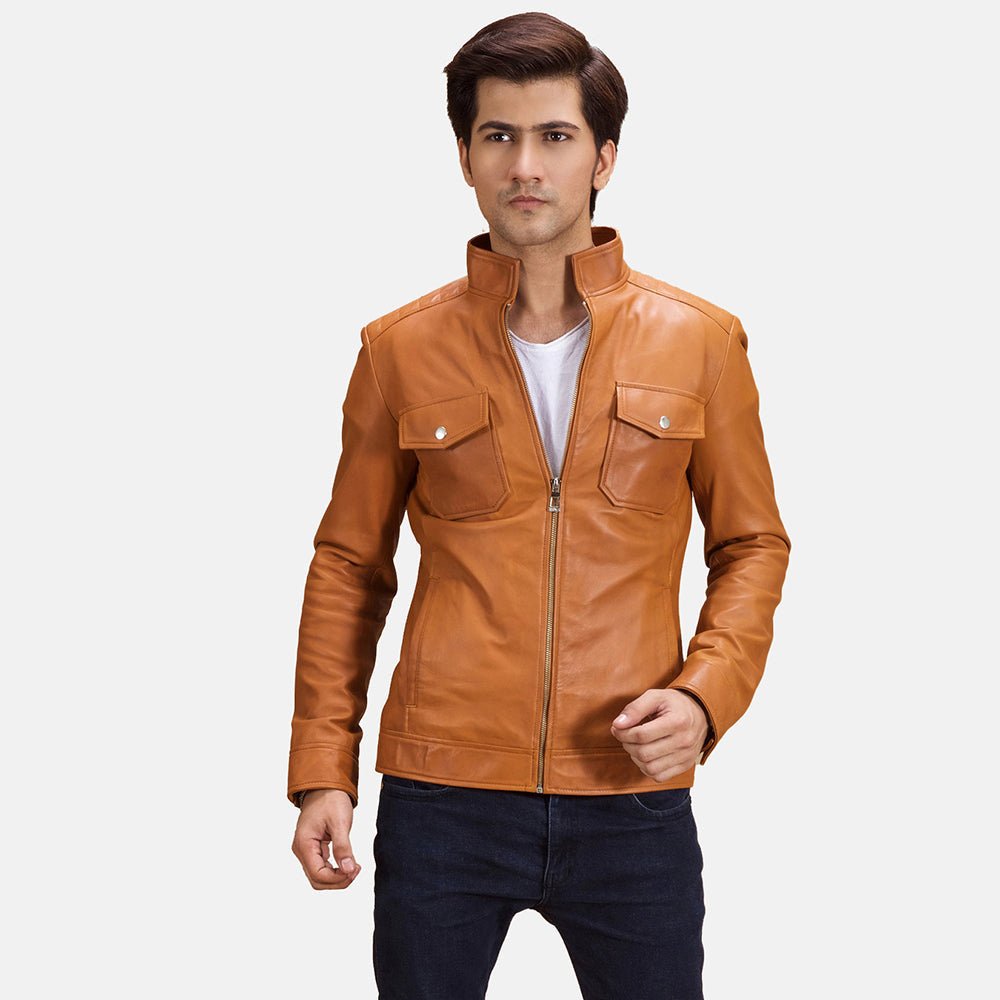 Men's Voltex Tan Leather Biker Jacket, Stylish Classic Motorcycle Outerwear