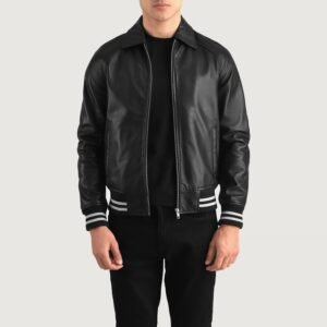 Walton Black Leather Varsity Jacket for Men, Classic Letterman Jacket, Leather Bomber Coat, Stylish Casual Streetwear Outerwear