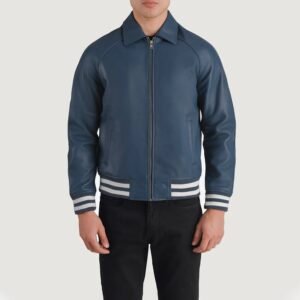 Walton Blue Leather Varsity Jacket for Men, Classic Letterman Jacket, Leather Bomber Coat, Stylish Casual Streetwear Outerwear