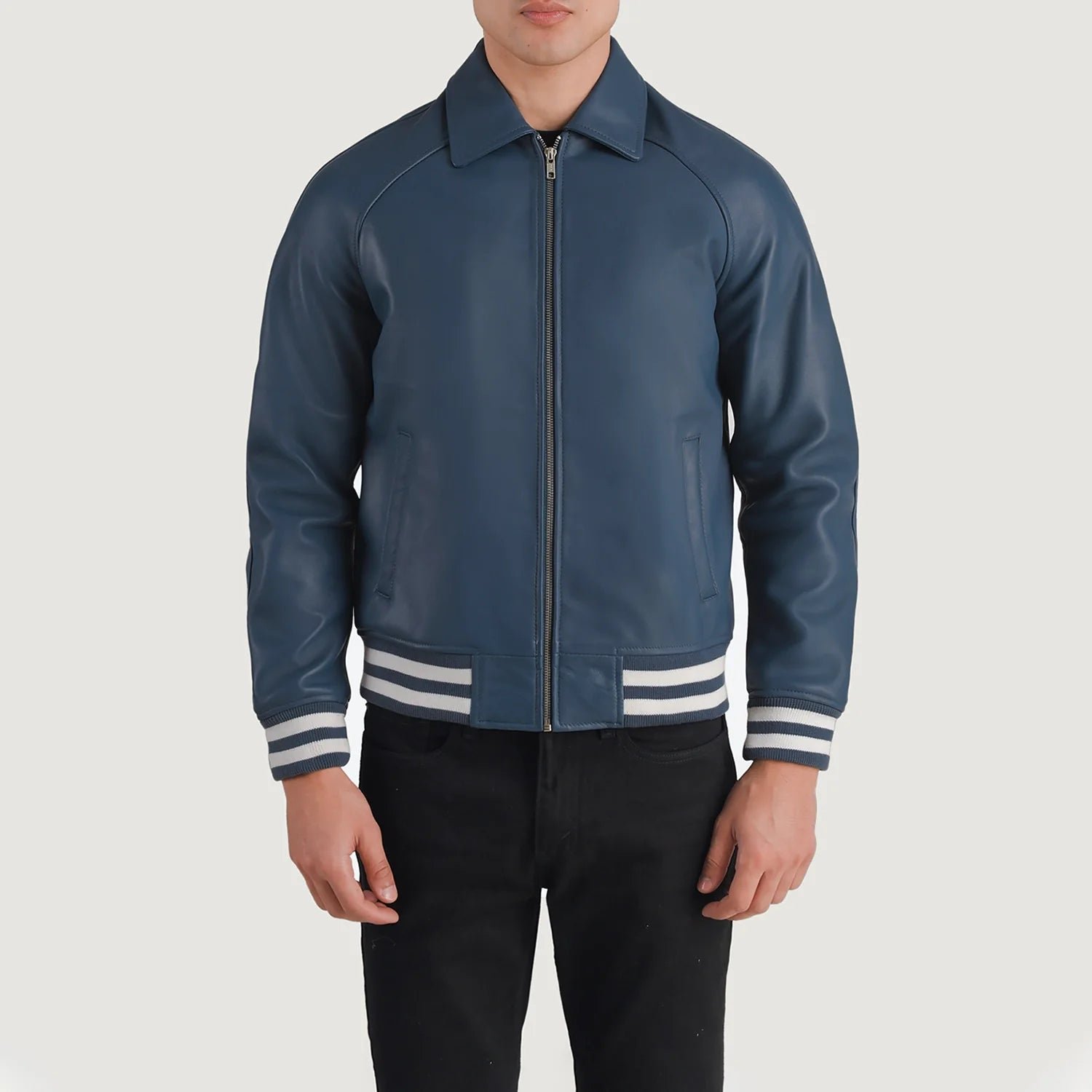 Walton Blue Leather Varsity Jacket for Men, Classic Letterman Jacket, Leather Bomber Coat, Stylish Casual Streetwear Outerwear