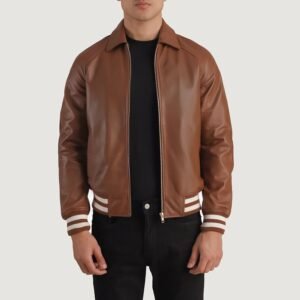 Walton Brown Leather Varsity Jacket for Men, Classic Letterman Jacket, Leather Bomber Coat, Stylish Casual Streetwear Outerwear