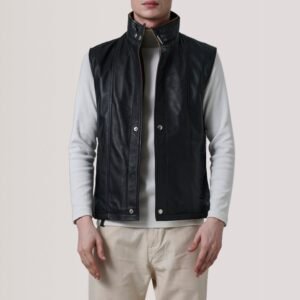 Zane Black Leather Vest for Men, Classic Motorcycle Biker Vest, Sleeveless Leather Waistcoat, Rugged Moto Rider Outerwear