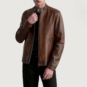 Men's Zen Distressed Brown Leather Biker Jacket, Vintage Moto Style