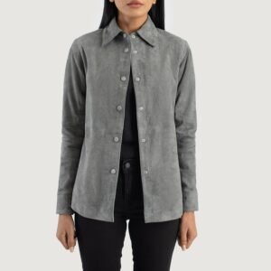 Women's Zenith Grey Suede Shirt Jacket, Stylish Button-Up Leather Overshirt, Modern Casual Shacket, Elegant Everyday Outerwear