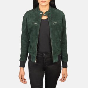 Zenna Green Suede Bomber Jacket for Women, Classic Casual Bomber Coat, Stylish Zip-Up Outerwear, Modern Everyday Streetwear