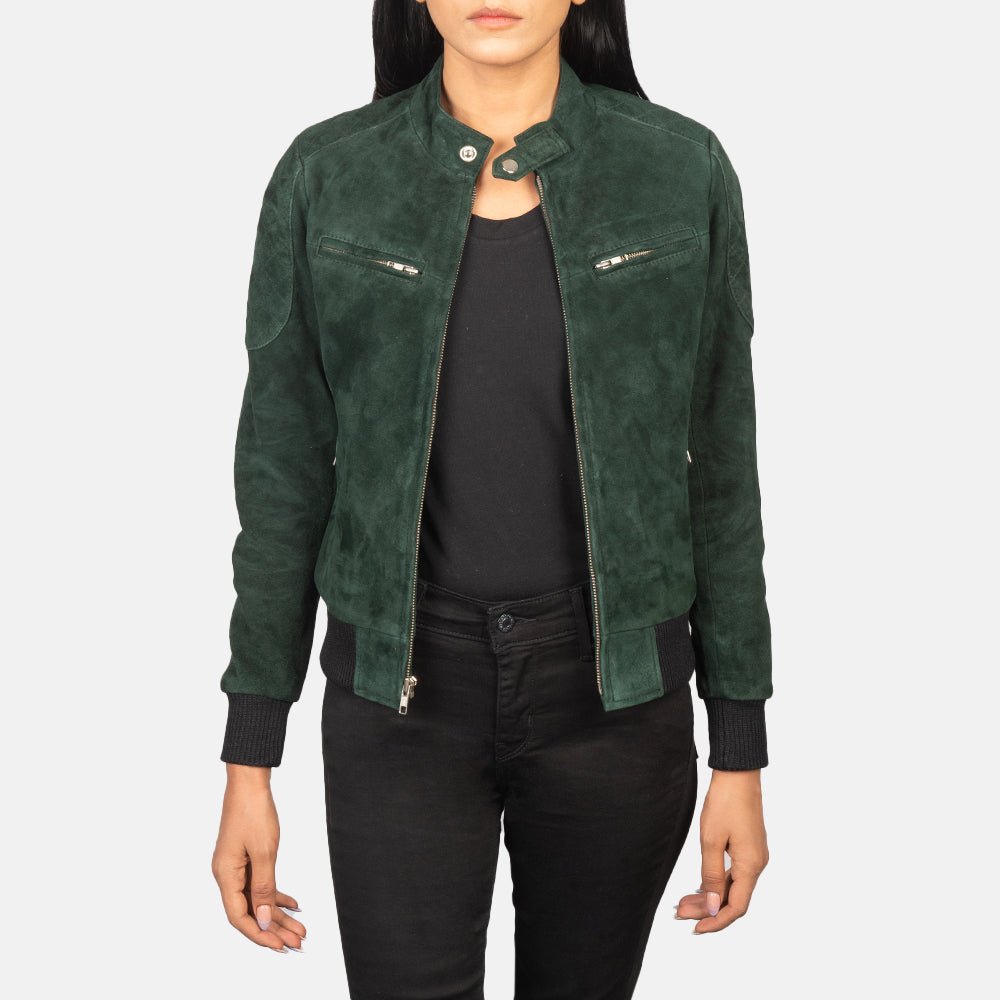 Zenna Green Suede Bomber Jacket for Women, Classic Casual Bomber Coat, Stylish Zip-Up Outerwear, Modern Everyday Streetwear