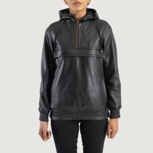 Zest Black Hooded Leather Pullover Jacket, Modern Casual Moto Outerwear, Stylish Hooded Jacket