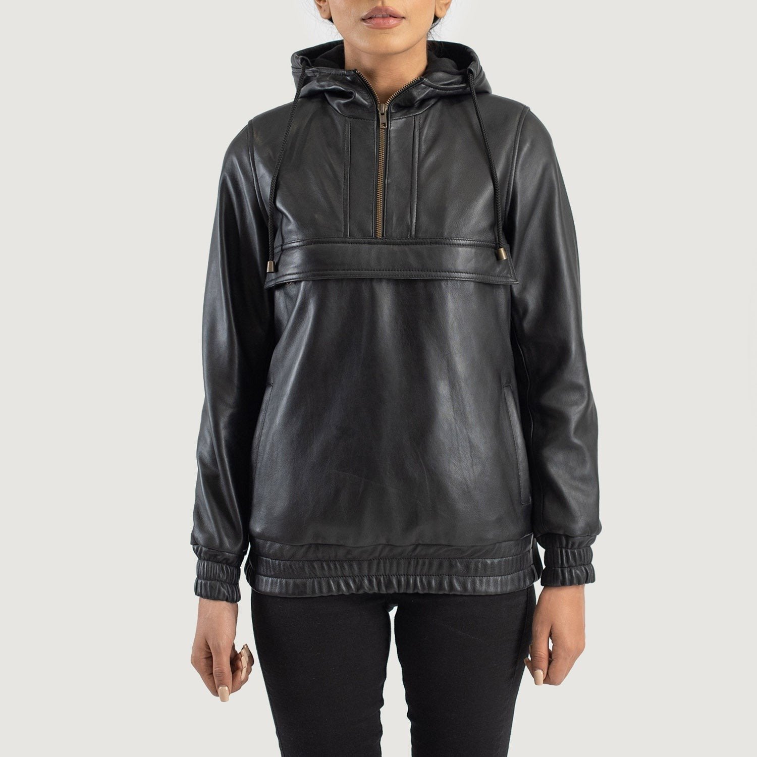 Zest Black Hooded Leather Pullover Jacket, Modern Casual Moto Outerwear, Stylish Hooded Jacket