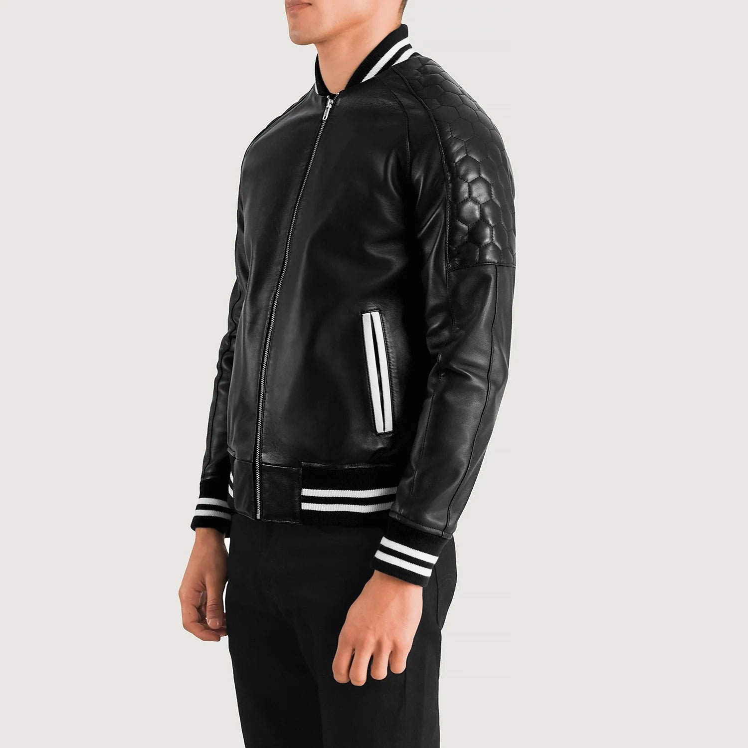 Pascal Black Leather Varsity Jacket for Men, Classic Letterman Jacket, Leather Bomber Coat, Stylish Casual Streetwear Outerwear - Image 3