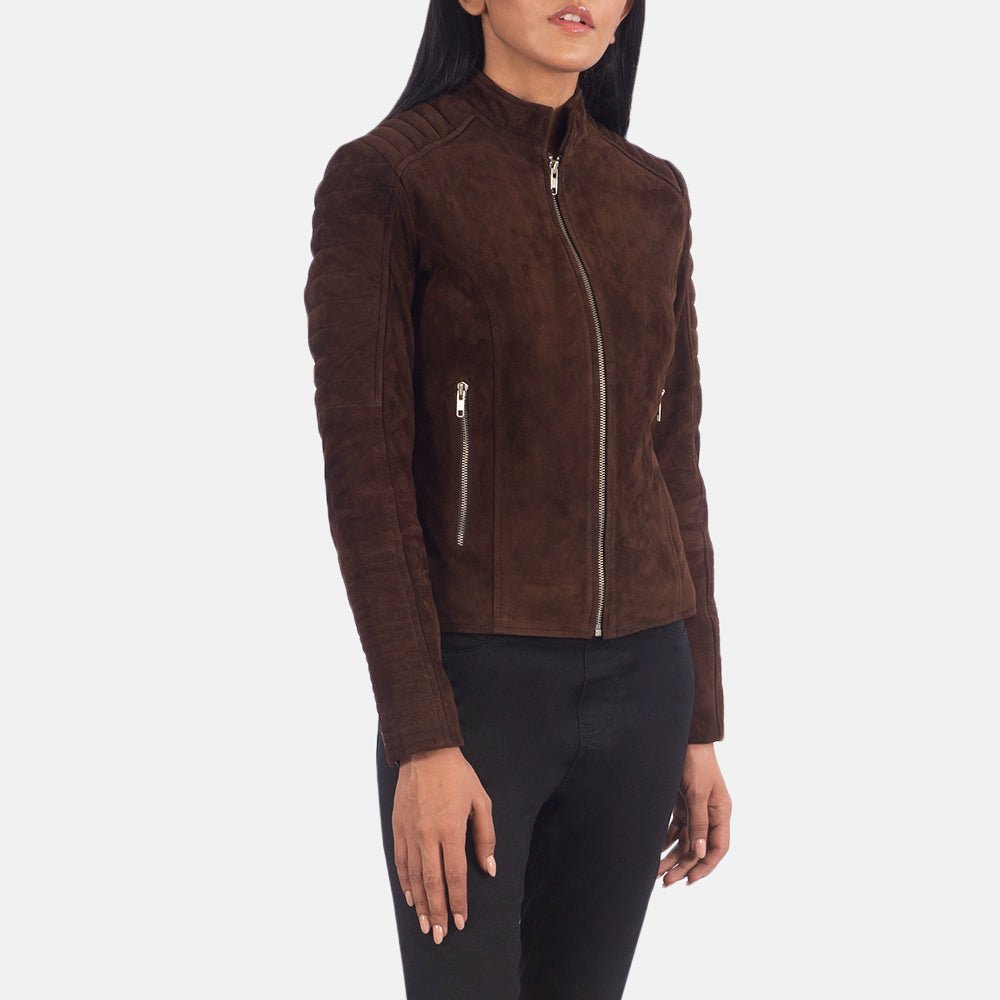 Adalyn Quilted Mocha Suede Biker Jacket for Women, Stylish Motorcycle Moto Coat, Diamond Quilted Suede Outerwear, Modern Casual Jacket - Image 3