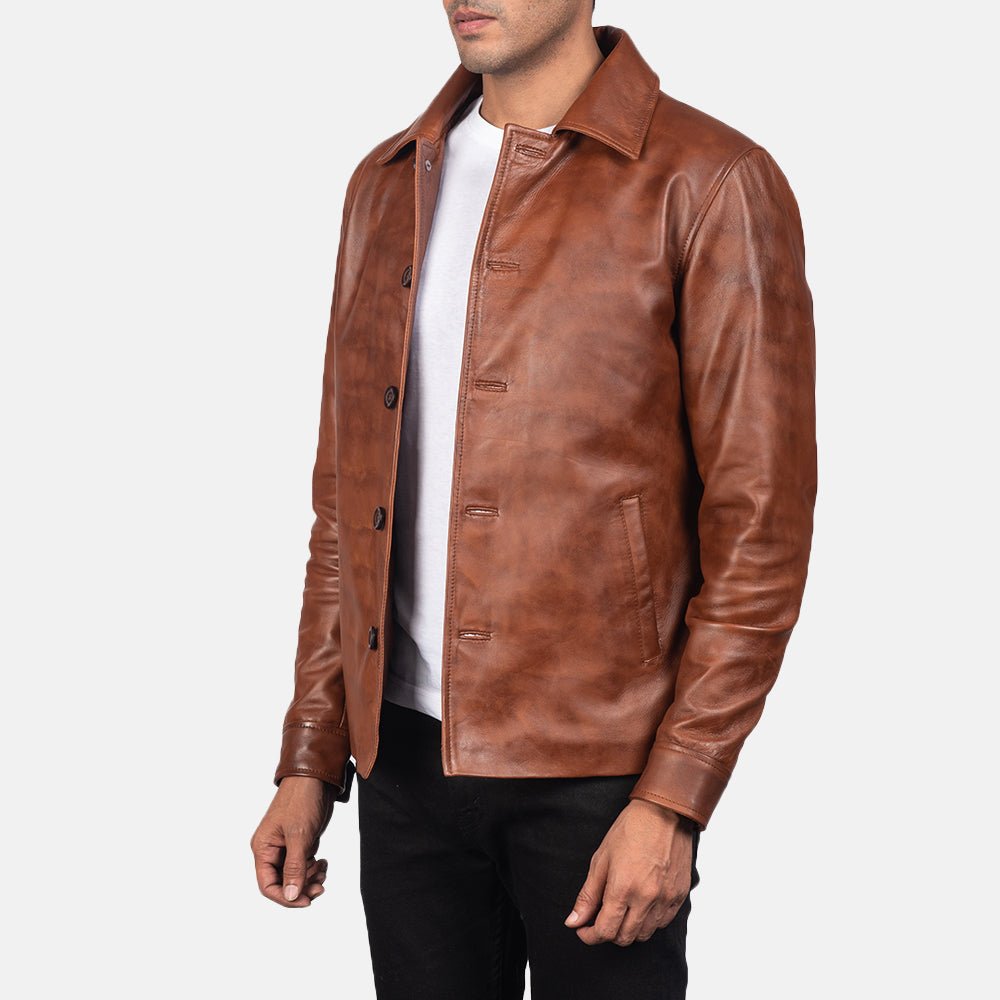 Men's Waffle Brown Leather Jacket, Stylish Textured Casual Outerwear - Image 5