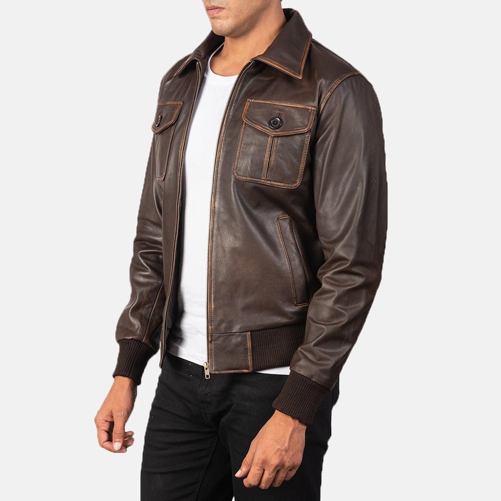 Aaron Brown Leather Bomber Jacket for Men, Vintage Aviator Flight Jacket, Classic Casual Streetwear Outerwear - Image 6