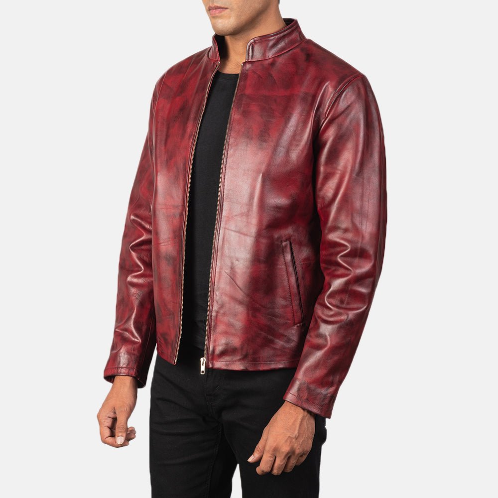 Men's Alex Distressed Burgundy Leather Jacket, Vintage Casual Outerwear - Image 3