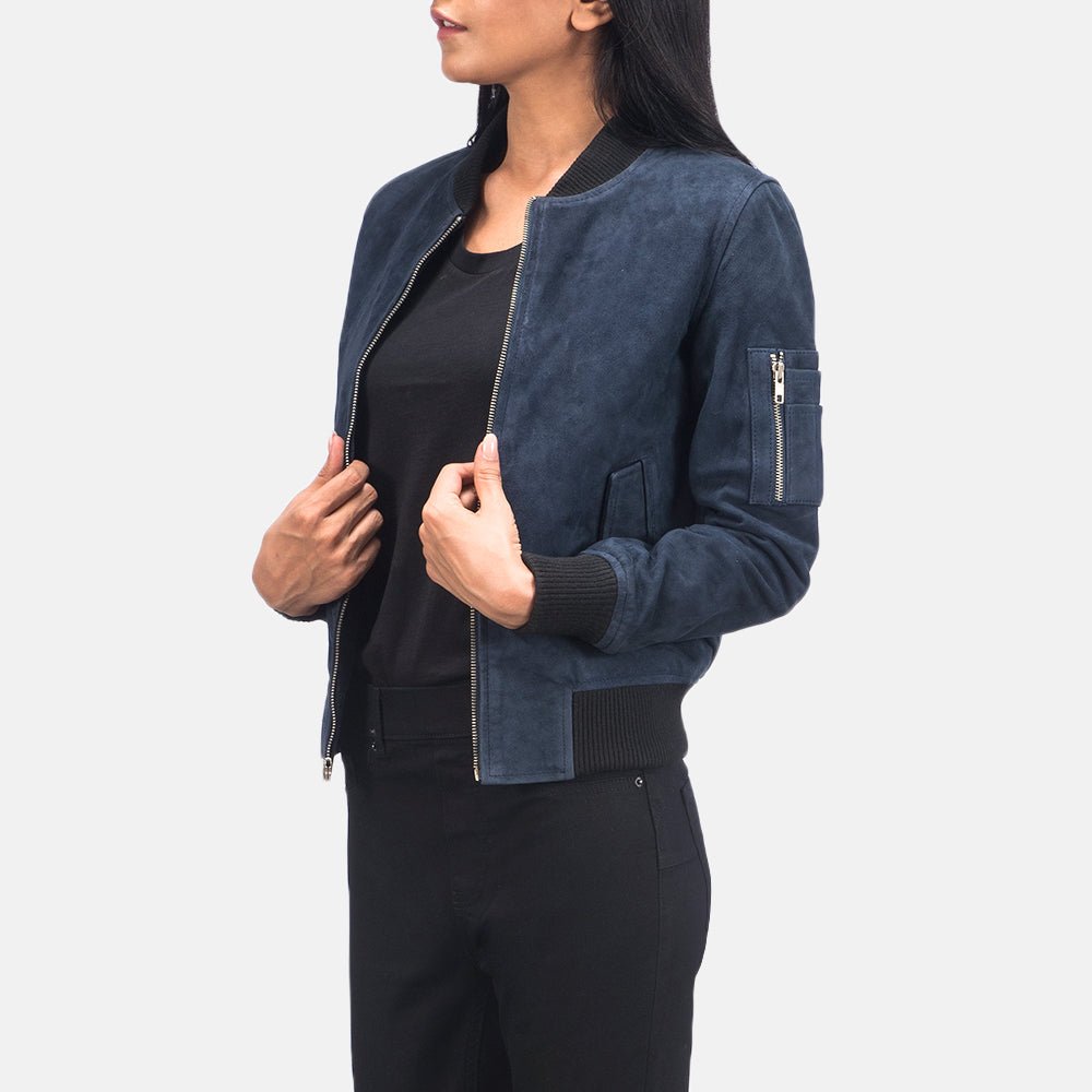 Ava MA-1 Blue Suede Bomber Jacket for Women, Classic Flight Jacket, Stylish Zip-Up Outerwear, Modern Casual Streetwear Coat - Image 6