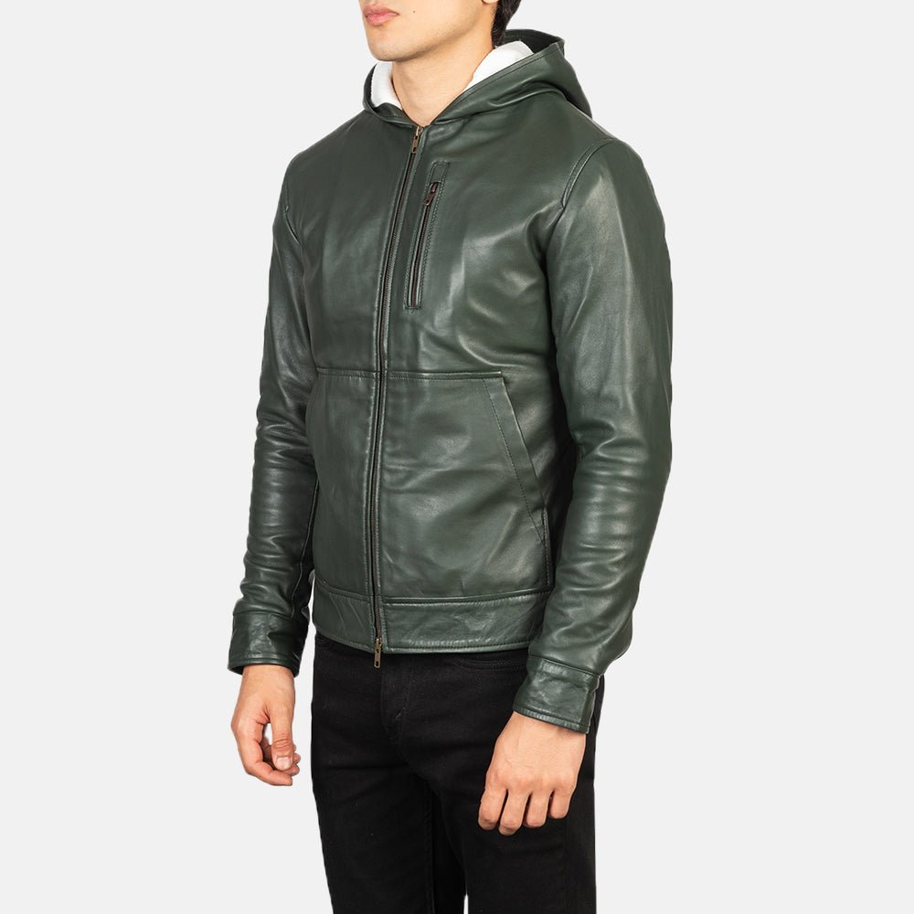 Baston Green Hooded Leather Bomber Jacket for Men, Classic Aviator Flight Jacket, Casual Streetwear Coat - Image 6