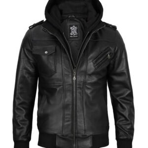Men's Edinburgh Black Bomber Leather Jacket with Removable Hood