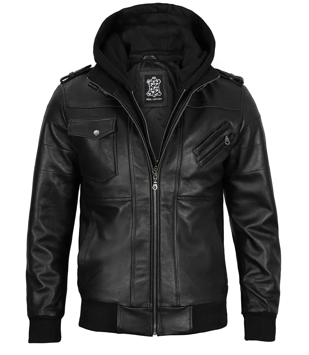 Men’s Edinburgh Black Bomber Leather Jacket with Removable Hood