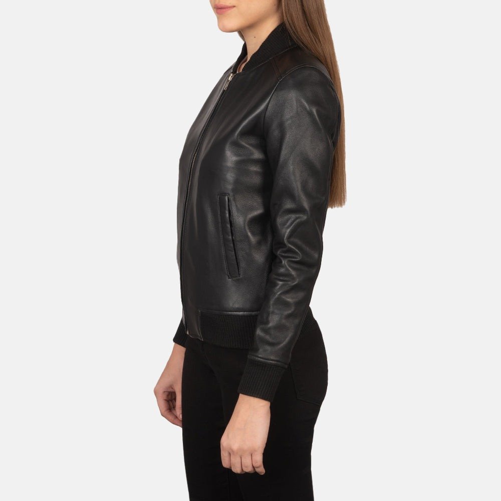 Women's Bliss Black Leather Bomber Jacket, Classic Zip-Up Bomber Coat, Stylish Casual Moto Jacket, Modern Streetwear Outerwear - Image 6