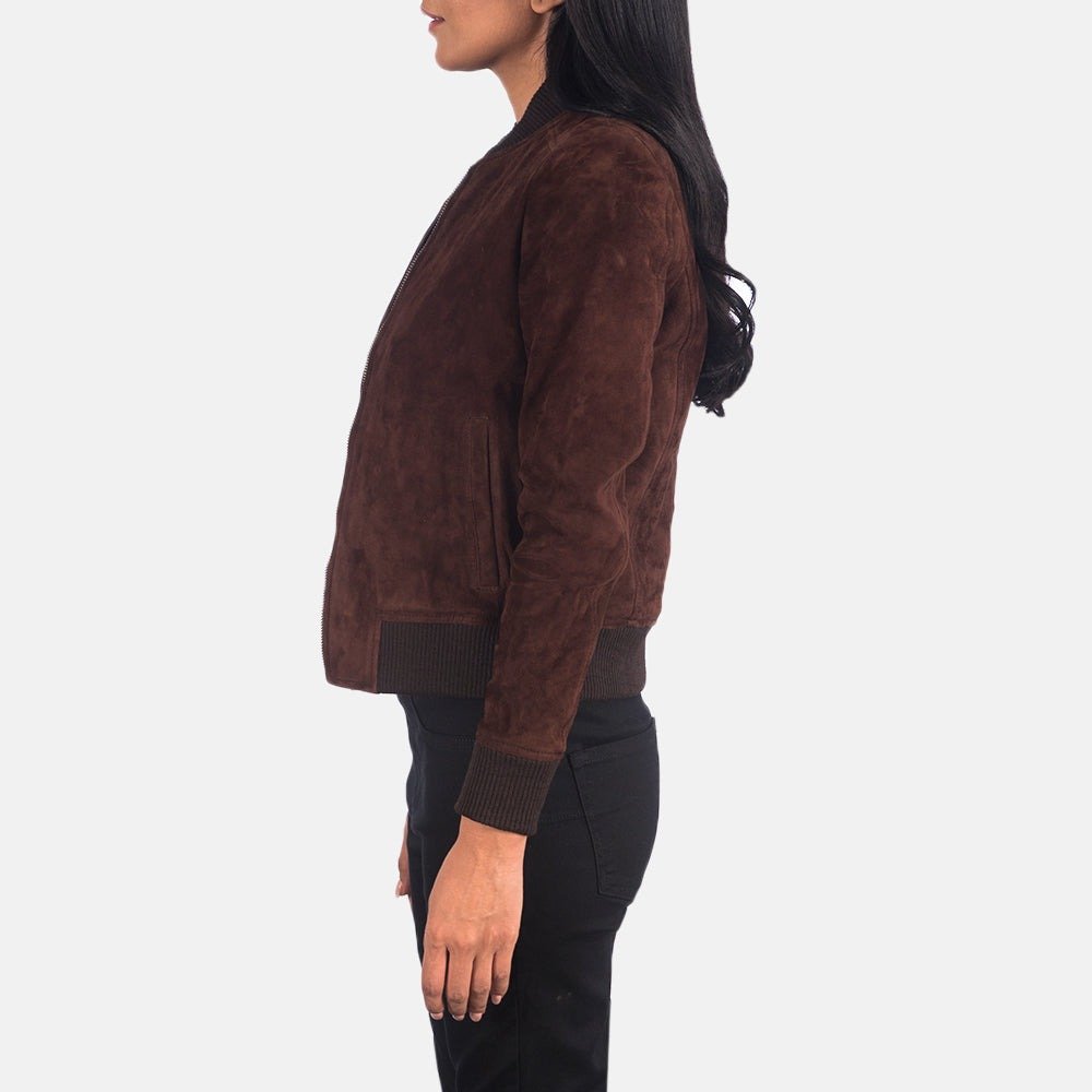 Bliss Brown Suede Bomber Jacket for Women, Classic Zip-Up Suede Coat, Stylish Casual Outerwear, Timeless Modern Streetwear - Image 4