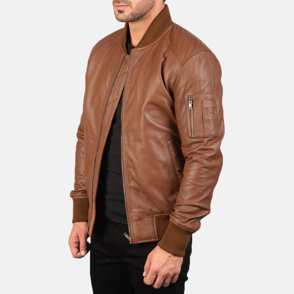 Bomia MA-1 Brown Leather Bomber Jacket for Men, Classic Aviator Flight Jacket, Vintage Casual Outerwear - Image 5
