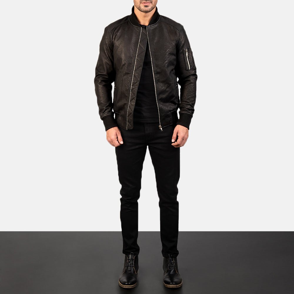 Bomia MA-1 Distressed Black Leather Bomber Jacket for Men, Vintage Aviator Flight Jacket, Rugged Military Style Outerwear - Image 2