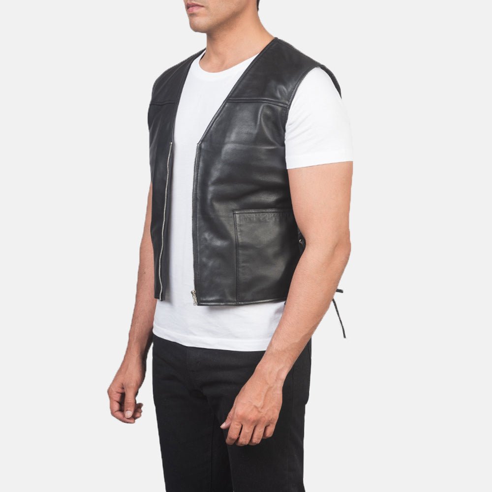 Brandon Black Leather Vest for Men, Classic Motorcycle Biker Vest, Sleeveless Leather Waistcoat, Rugged Moto Outerwear - Image 6