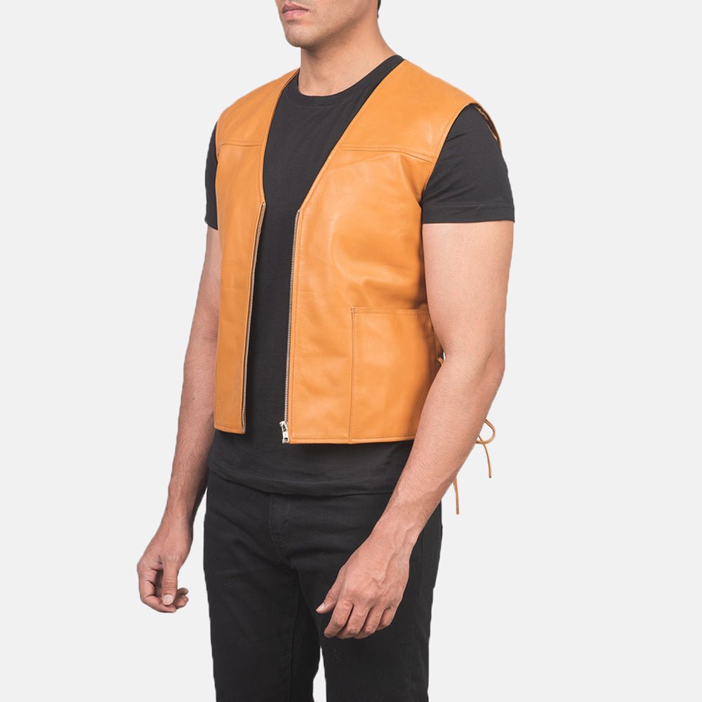 Brandon Tan Brown Leather Vest for Men, Classic Biker Motorcycle Vest, Sleeveless Leather Waistcoat, Rugged Vintage Moto Outerwear - Image 5
