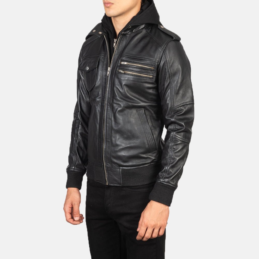 Bravado Black Hooded Leather Bomber Jacket for Men, Classic Zip-Up Moto Jacket, Casual Hooded Outerwear, Modern Streetwear - Image 4