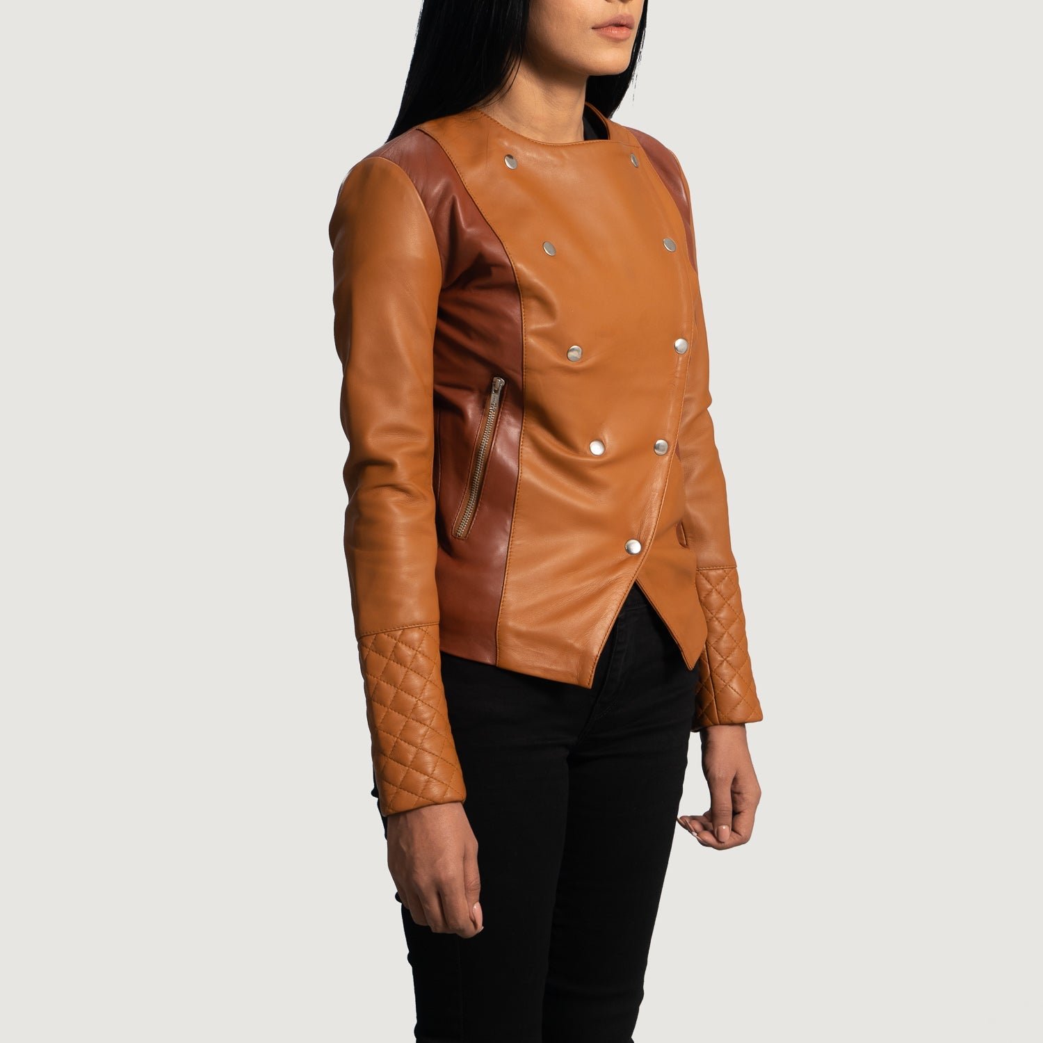 County Tan Overlap Leather Jacket, Stylish Layered Moto Jacket, Classic Modern Outerwear - Image 3