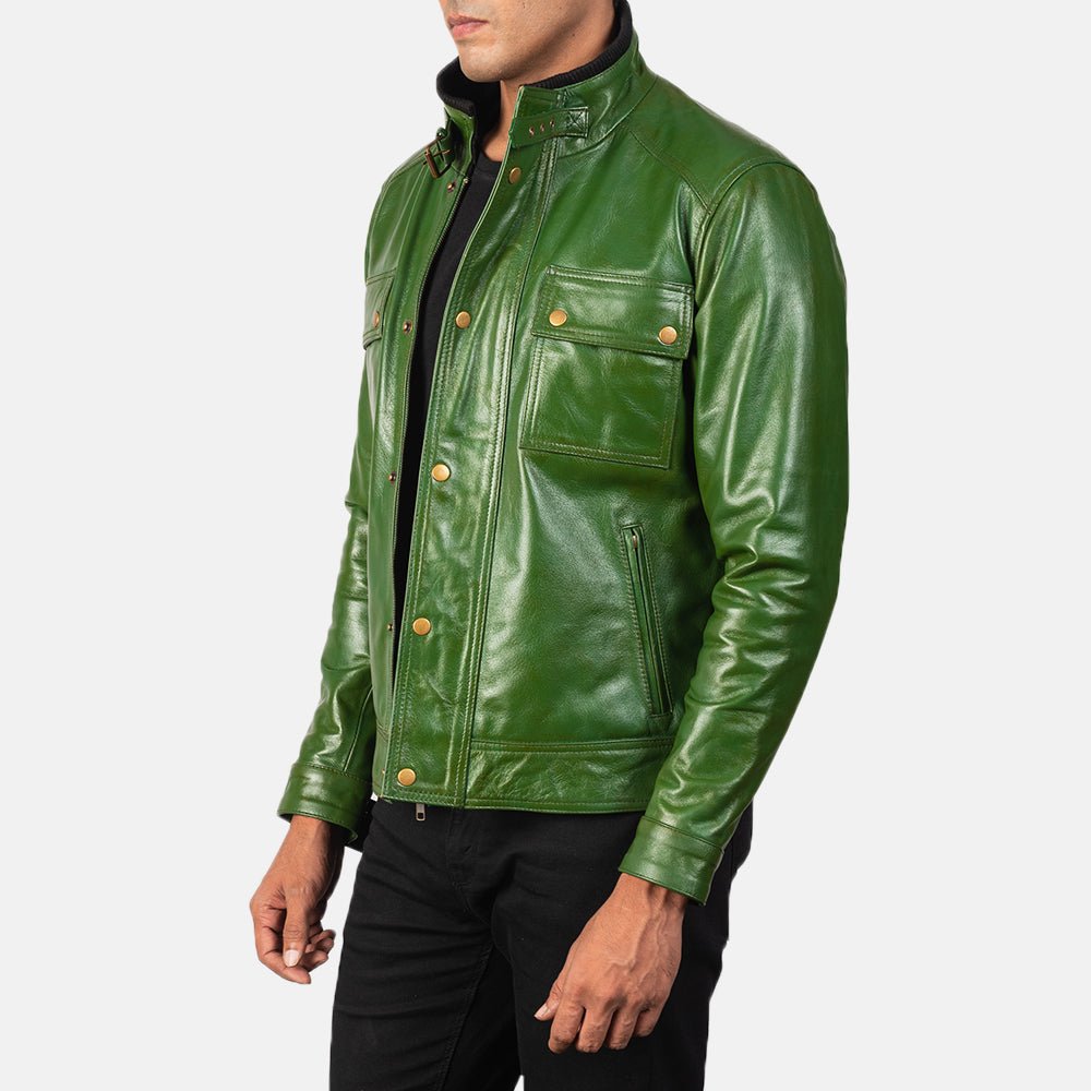 Men's Darren Distressed Green Leather Biker Jacket, Vintage Moto Style - Image 2