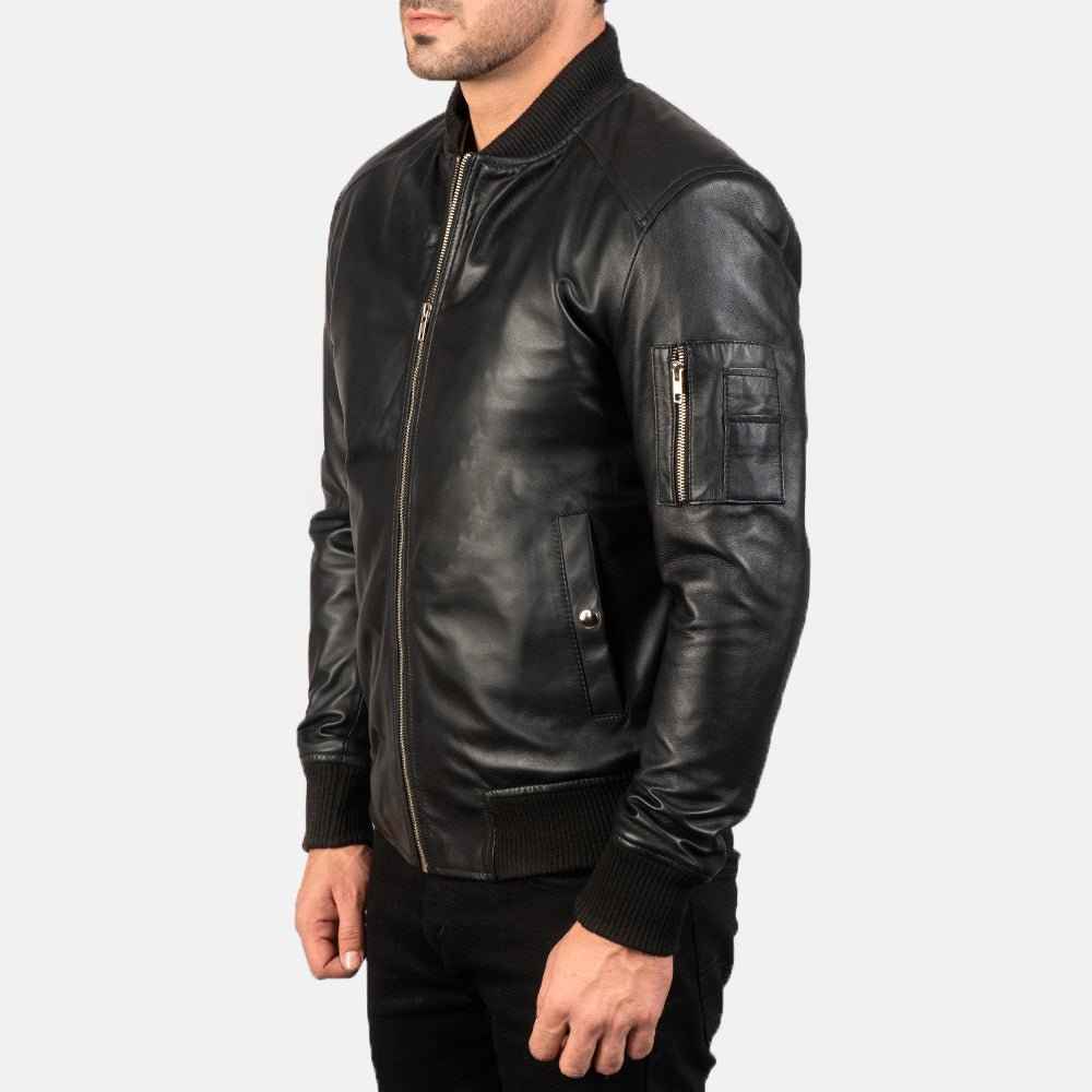Bomia MA-1 Black Leather Bomber Jacket for Men, Classic Flight Jacket, Vintage Aviator Motorcycle Outerwear - Image 4