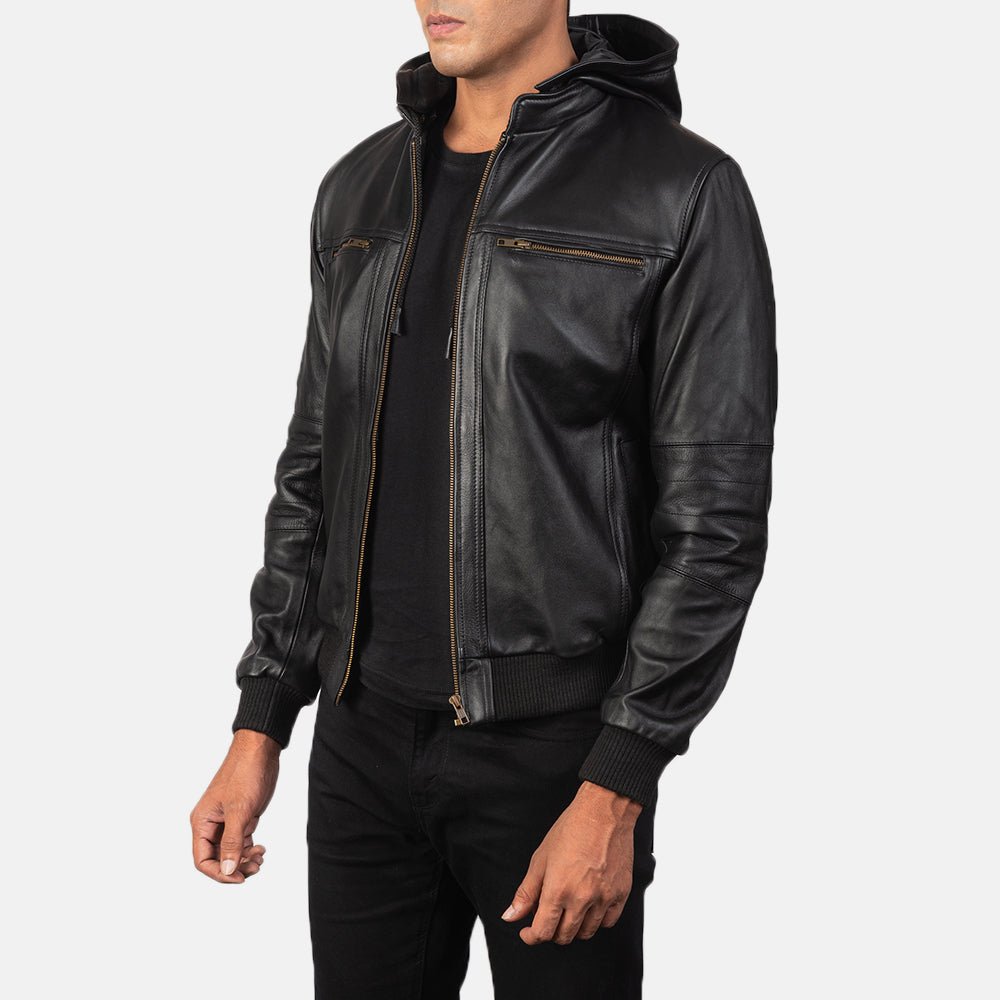 Bouncer Biz Black Leather Bomber Jacket for Men, Classic Aviator Flight Jacket, Vintage Casual Streetwear Outerwear - Image 4