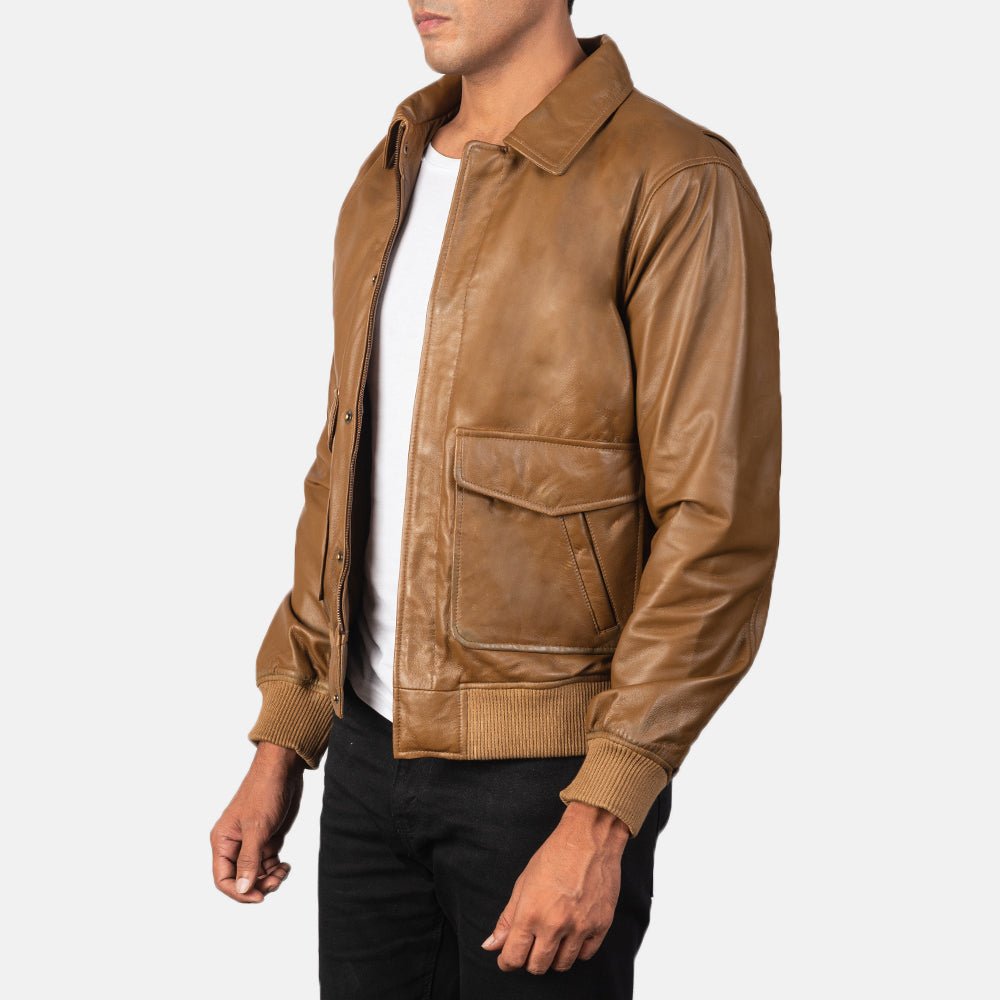 Coffmen Olive Brown A2 Leather Bomber Jacket for Men, Vintage Aviator Flight Jacket, Classic Military Style Outerwear - Image 6
