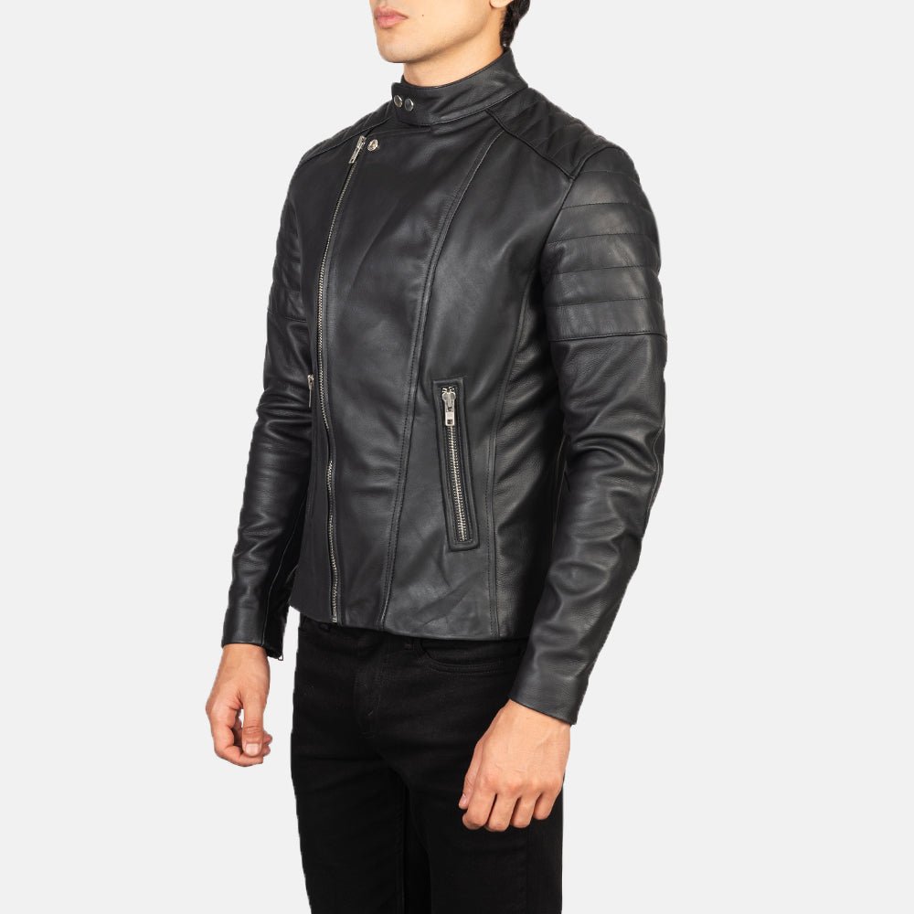 Men's Faisor Black Leather Biker Jacket, Classic Motorcycle Moto Style - Image 5