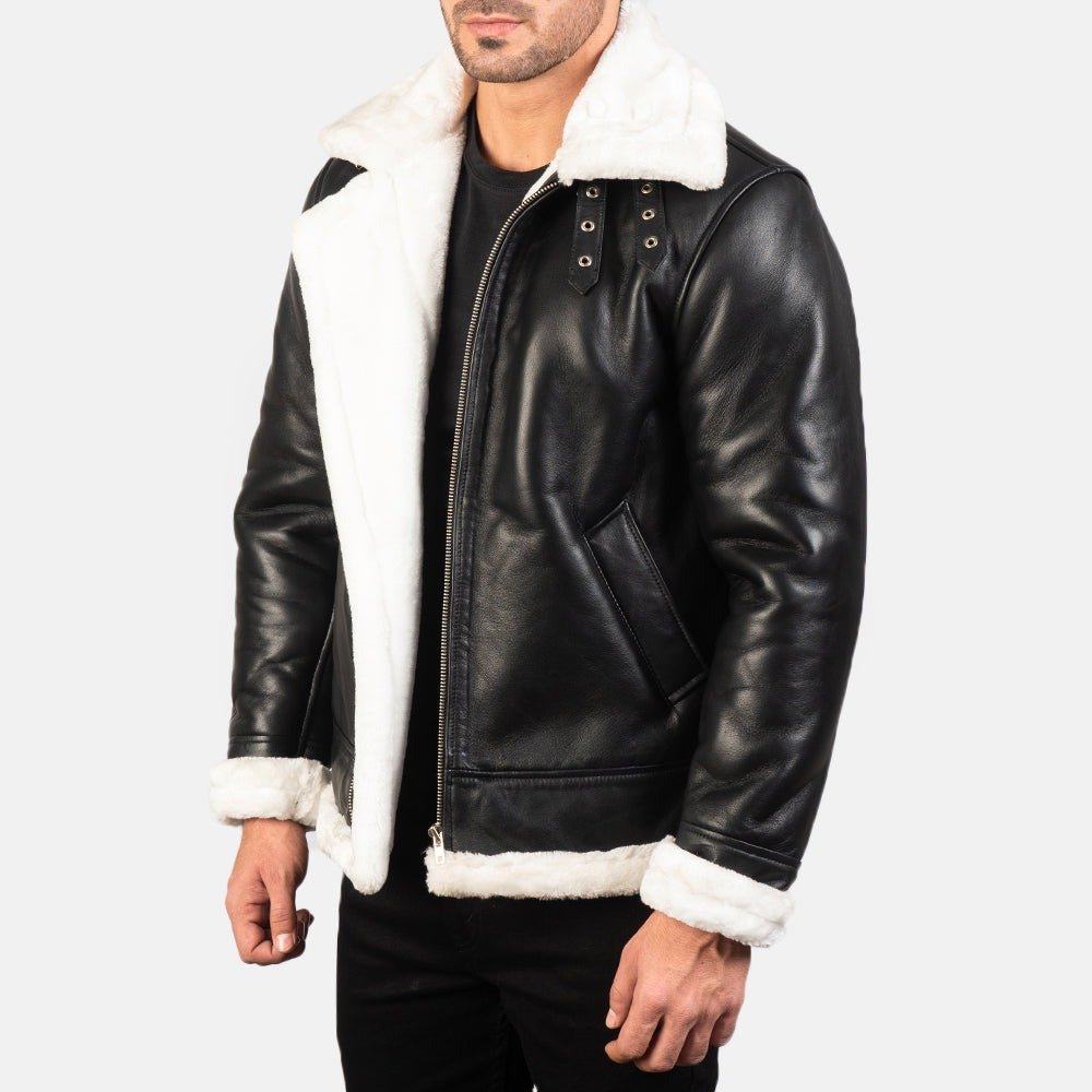Francis B-3 Black & White Leather Bomber Jacket for Men, Shearling Aviator Flight Jacket, Vintage Winter Outerwear - Image 3