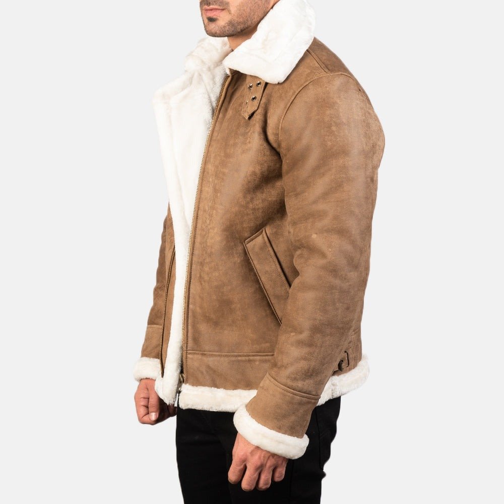 Francis B-3 Distressed Brown Leather Bomber Jacket for Men, Vintage Shearling Aviator Flight Jacket, Winter Outerwear - Image 2