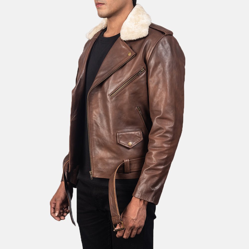 Men's Furton Brown Leather Biker Jacket, Classic Motorcycle Style - Image 5