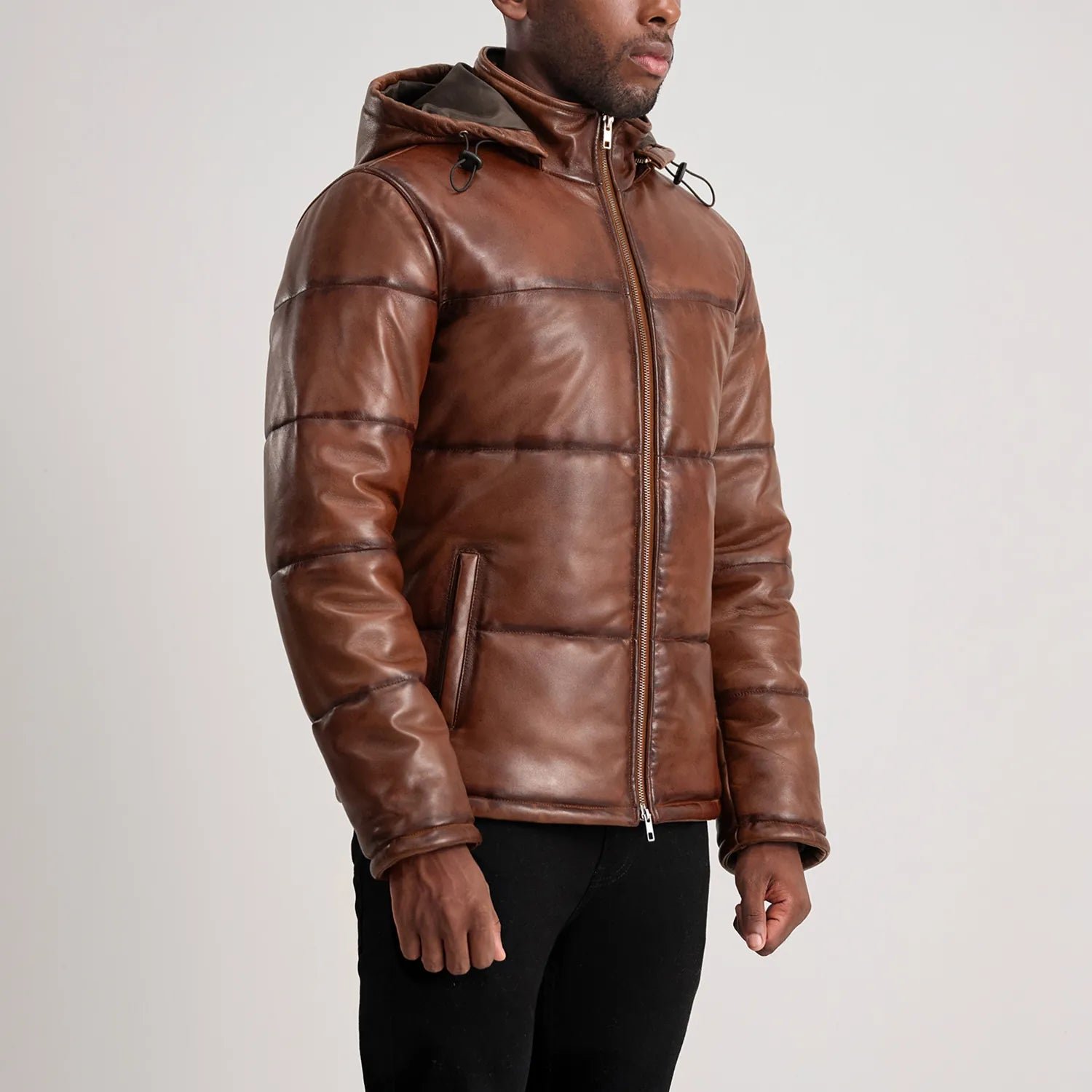 Gordon Waxed Brown Hooded Leather Puffer Jacket for Men, Winter Padded Jacket, Casual Hooded Outerwear, Rugged Streetwear Coat - Image 4
