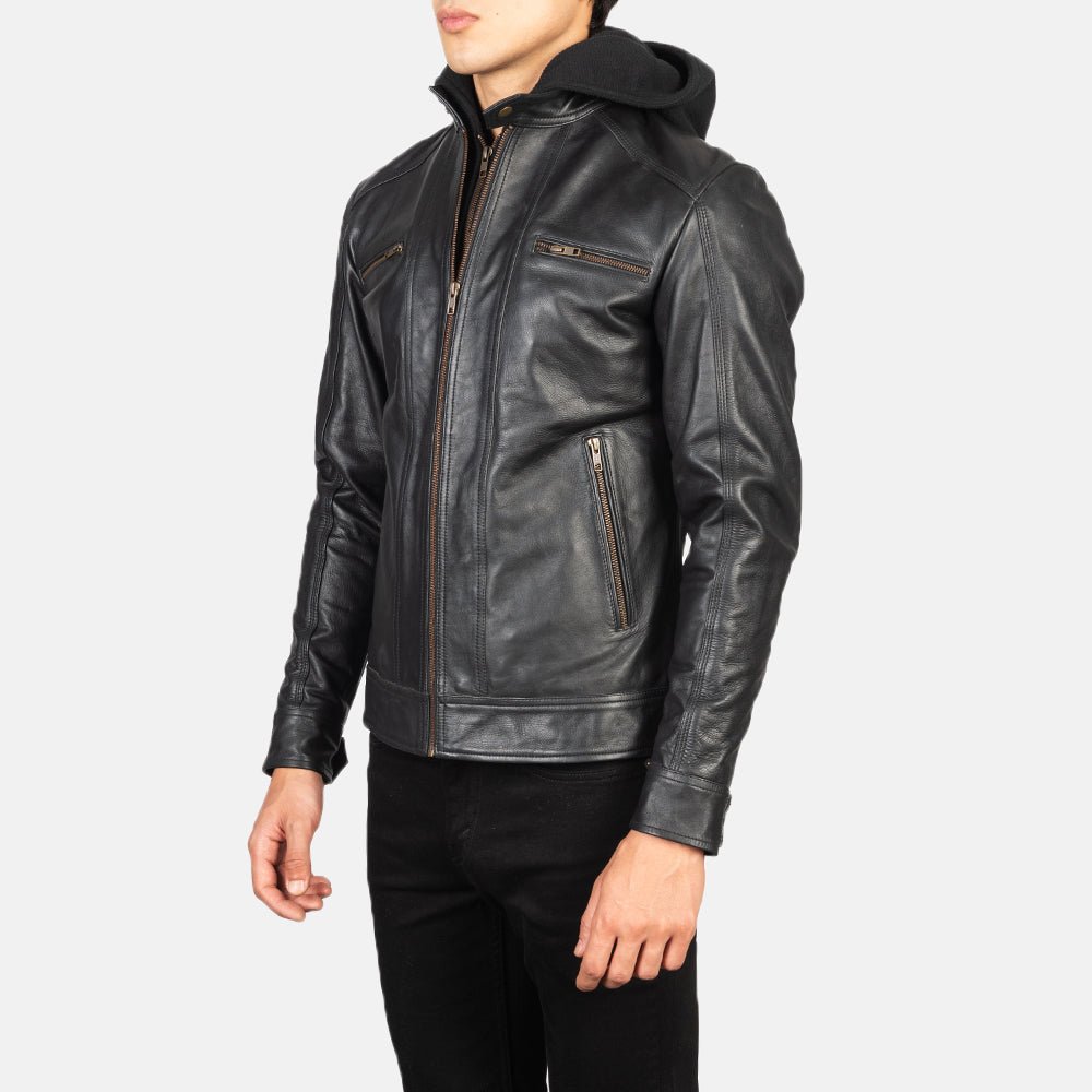 Bravado Black Hooded Leather Bomber Jacket for Men, Classic Zip-Up Moto Jacket, Casual Hooded Outerwear, Modern Streetwear - Image 6