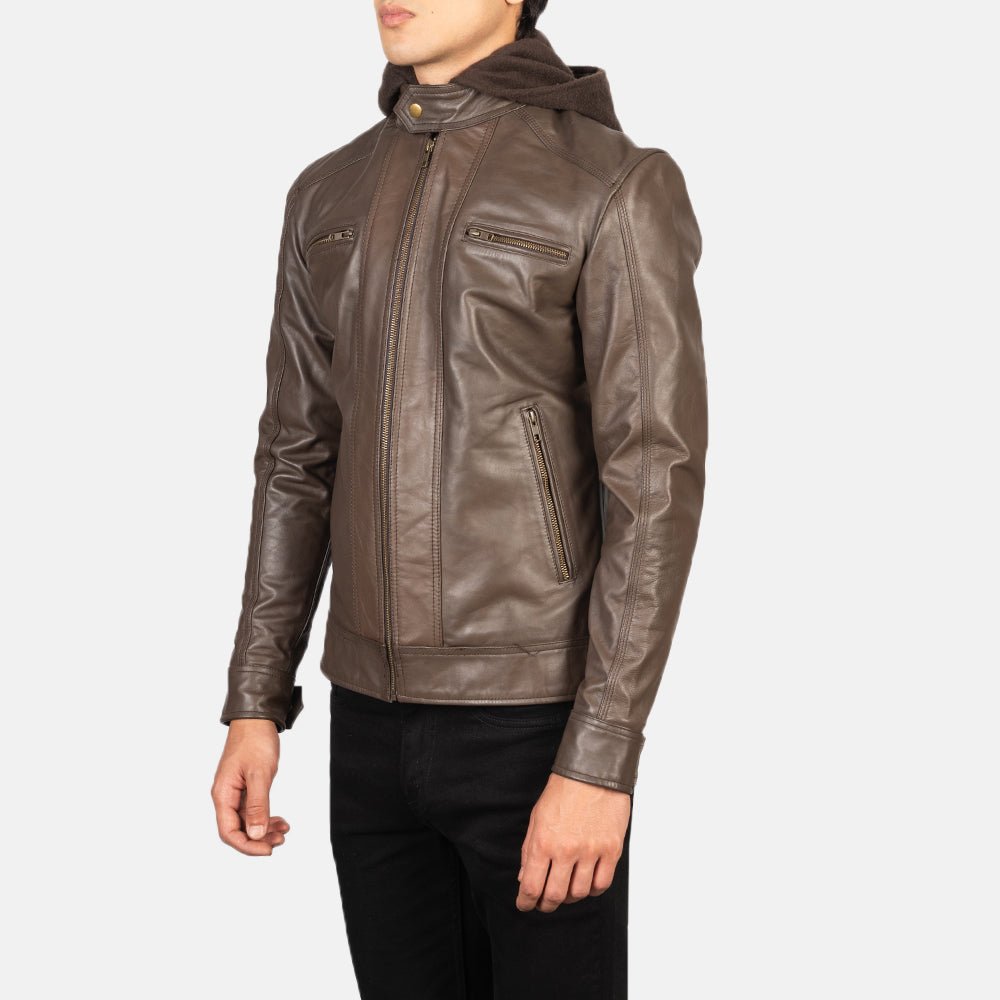 Men's Hector Brown Hooded Leather Biker Jacket, Stylish Moto Outerwear - Image 5