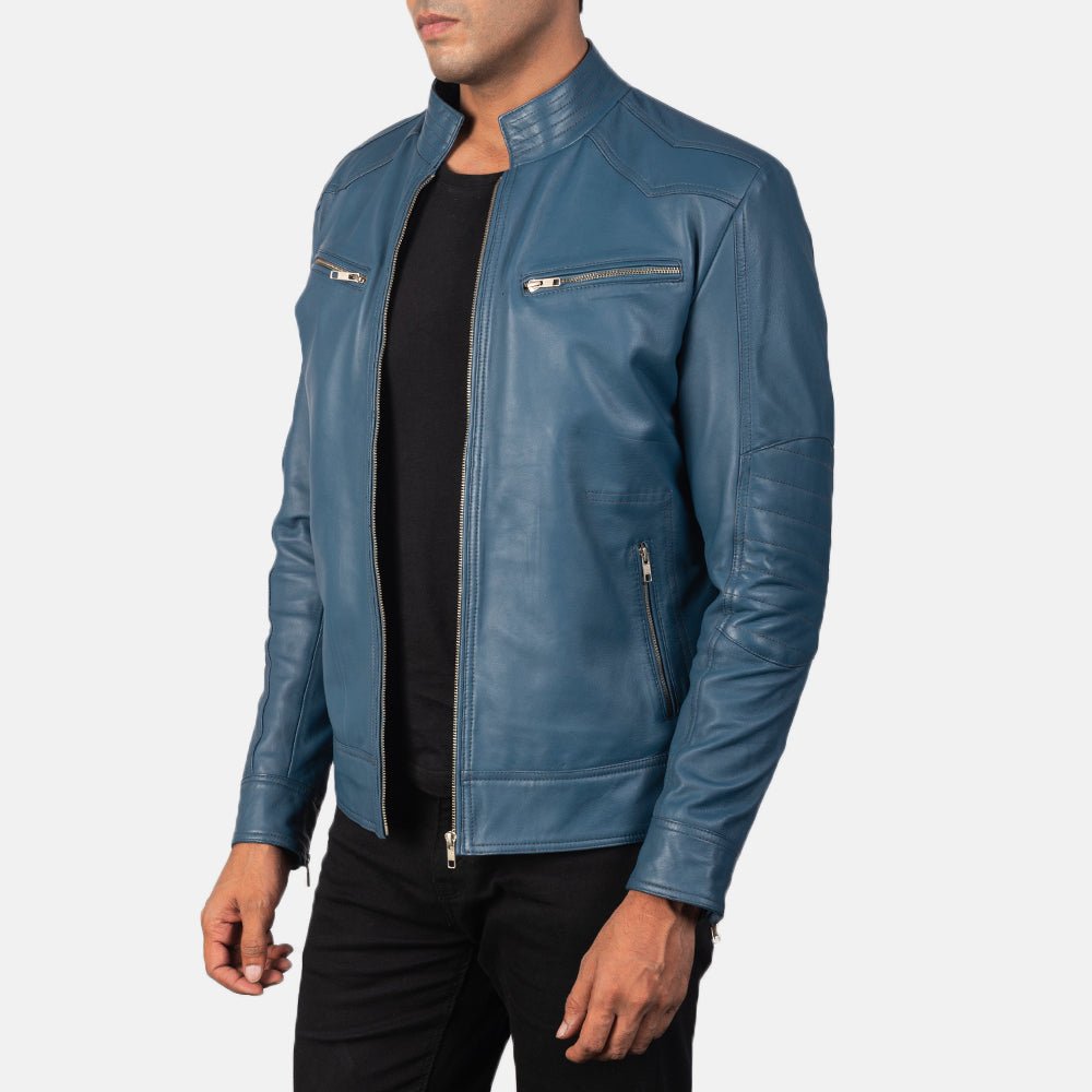 Men's Mack Blue Leather Biker Jacket, Classic Motorcycle Moto Style - Image 3
