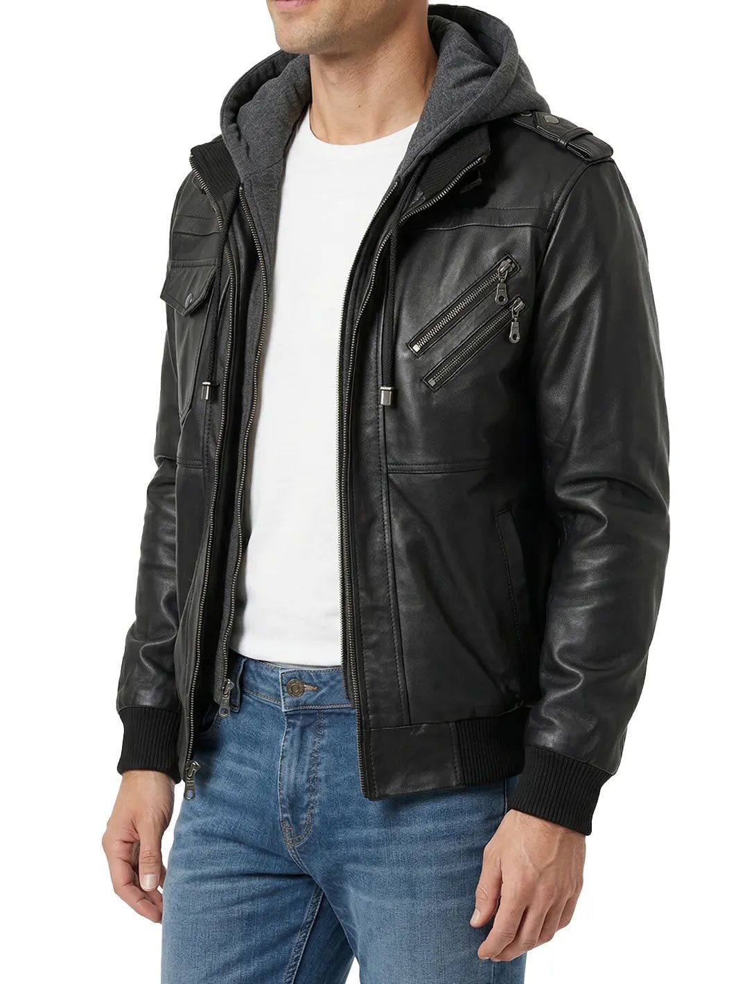 Men's Black Bomber Leather Jacket with Removable Hood, Stylish Casual Biker Outerwear - Image 2
