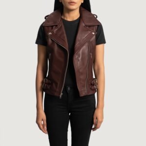 Rhonda Maroon Leather Biker Vest, Stylish Sleeveless Moto Waistcoat, Classic Motorcycle Fashion