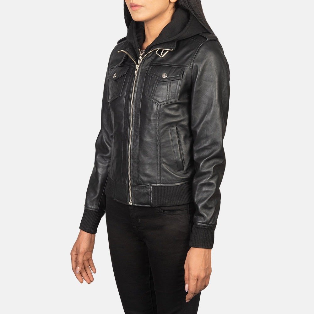 Roslyn Black Hooded Leather Bomber Jacket, Stylish Casual Moto Outerwear, Modern Streetwear - Image 4