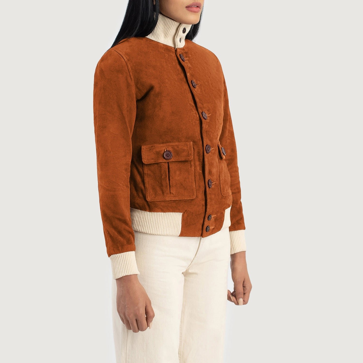 Sasha A1 Brown Suede Bomber Jacket for Women, Classic Aviator Flight Jacket, Stylish Zip-Up Suede Coat, Modern Casual Outerwear - Image 3